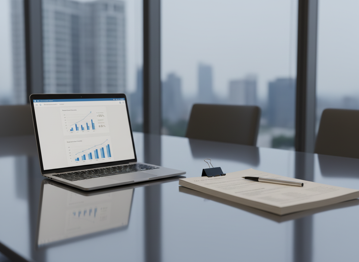 A polished glass conference table holds an open silver laptop displaying a clean analytics dashboard with rising graphs, beside a neatly stacked set of printed strategy documents secured with a matte black binder clip and a fine-line metal pen aligned parallel to the paper edge. The table is placed in a minimalist corporate meeting room with floor-to-ceiling windows revealing a softly blurred city skyline. Cool, diffused daylight enters from the left, creating gentle reflections on the glass surface and subtle shadows beneath the objects. Captured at eye level with a slight diagonal perspective and moderate depth of field, the composition feels structured, calm, and strategic. The photographic realism emphasizes clean lines, neutral greys, soft whites, and muted blues to convey professional, data-driven consultancy.