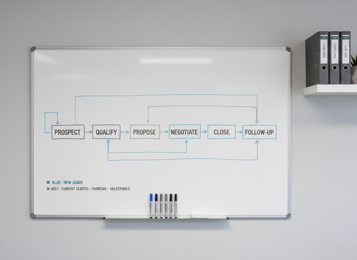 A large, wall-mounted whiteboard with a meticulously drawn sales pipeline diagram in muted blue, grey, and charcoal markers, each stage clearly labeled and connected by precise arrows. Below, a narrow ledge holds an orderly row of capped markers and a small eraser. The whiteboard is set against a smooth, light grey office wall with a minimal floating shelf nearby displaying two neatly arranged binders and a small geometric concrete planter. Soft, even overhead office lighting illuminates the board, eliminating glare while casting a faint, tidy shadow along its lower edge. Shot straight-on with sharp focus across the entire frame, the composition is balanced and symmetrical. The overall mood is disciplined, organized, and analytical, reinforcing the structured systems and governance focus of a professional consultancy.
